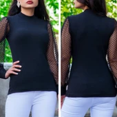 Kadın Siyah Kolu Tül Detaylı Yarım Balıkçı Kaşkorse Bluz thumbnail 7