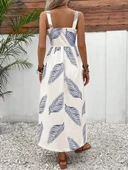 Kadın Askılı önden Düğmeli Yaprak Desenli Uzun Süprem Elbise thumbnail 6