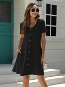 Kadın Kısa Kollu V Yaka önü Düğmeli Viskon Elbise thumbnail 3