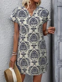 Kadın Kısa Kollu çentik Yaka çiçek Desenli Keten Elbise thumbnail 4