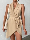 Kruvaze Yaka Kuşaklı Krep Kumaş Elbise thumbnail 22