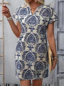 Kadın Kısa Kollu çentik Yaka çiçek Desenli Keten Elbise thumbnail 2