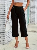 Kadın Beli Lastikli Düğme Ve Cep Detaylı Kapri Ithal Keten Pantolon thumbnail 4
