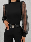 Kadın Siyah Kolu Tül Detaylı Yarım Balıkçı Kaşkorse Bluz thumbnail 8