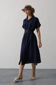 Kuşaklı Cep Detaylı Yarım Kol Elbise - Lacivert thumbnail 2