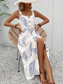 Kadın Askılı önden Düğmeli Yaprak Desenli Uzun Süprem Elbise thumbnail 1