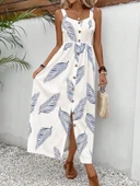 Kadın Askılı önden Düğmeli Yaprak Desenli Uzun Süprem Elbise thumbnail 4