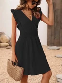 Kadın Kısa Kollu Kruvaze Yakalı Beli Lastikli Aerobin Elbise thumbnail 3