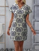 Kadın Kısa Kollu çentik Yaka çiçek Desenli Keten Elbise thumbnail 5