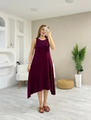 Kadın Askılı Yuvarlak Yakalı Asimetrik Kesim Detaylı Viskon Elbise thumbnail 1