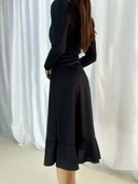 Krep Kumaş Midi Boy Kuşaklı Uzunkol Elbise 113 Cm thumbnail 20