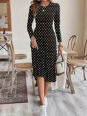 Kadın Uzun Kollu Bisiklet Yaka Puantiyeli örme Krep Midi Elbise thumbnail 1