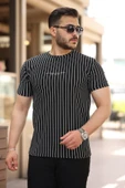 Erkek Dikey çizgili Ottoman Kumaş Kısa Kollu T-shirt - 1