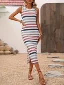 Kadın Yuvarlak Yaka Kolsuz Yandan Yırtmaçlı Midi Uzun Elbise thumbnail 2