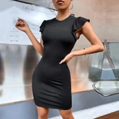 Kadın Kolsuz Omzu Volanlı Bisiklet Yaka Kaşkorse Mini Elbise thumbnail 5