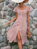 Kadın Kısa Kollu önü Düğmeli Volanlı Minik Leopar Desen Midi Viskon Elbise thumbnail 4