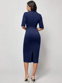 Kadın Kısa Kollu Yakalı Kruvaze Yakalı Beli Kemerli Midi Modal Elbise thumbnail 4