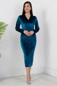 Kadın Kadife Kumaş Manşetli V Yaka Şık Kalem Elbise thumbnail 7