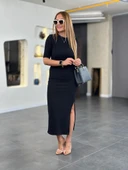 Kadın Kısa Kollu Bisiklet Yaka Yandan Yırtmaçlı Viskon Iki Iplik Elbise thumbnail 11