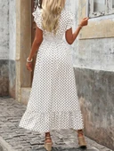 Kadın Kısa Kelebek Kollu Kruvaze Yakalı Desenli Süprem Elbise thumbnail 7