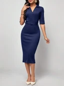 Kadın Kısa Kollu Yakalı Kruvaze Yakalı Beli Kemerli Midi Modal Elbise thumbnail 6