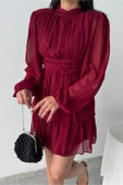 ŞİFON KATLI UZUN KOL ELBİSE - Bordo - 3
