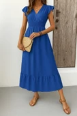 Kadın Kısa Kelebek Kollu Kruvaze Yakalı Beli Lastikli Aerobin Elbise thumbnail 4