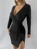 Kadın Uzun Kollu Kruvaze Yaka Bağcık Detay Akrilik Mini Boy Elbise thumbnail 12