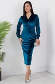 Kadın Kadife Kumaş Manşetli V Yaka Şık Kalem Elbise thumbnail 13