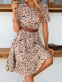 Kadın Kısa Kollu Bisiklet Yaka Desenli Süprem Elbise thumbnail 1