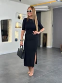 Kadın Kısa Kollu Bisiklet Yaka Yandan Yırtmaçlı Viskon Iki Iplik Elbise thumbnail 13