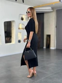 Kadın Kısa Kollu Bisiklet Yaka Yandan Yırtmaçlı Viskon Iki Iplik Elbise thumbnail 4