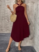 Kadın Boyundan çapraz Askılı Halka Detaylı Asimetrik Kesim Viskon Elbise thumbnail 4