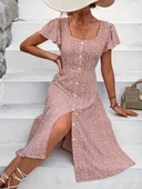 Kadın Kısa Kollu önü Düğmeli Volanlı Minik Leopar Desen Midi Viskon Elbise thumbnail 1