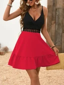 Kadın Ip Askılı Kruvaze Yaka Bel Dantel Ithal Krep Elbise thumbnail 2