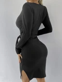 Kadın Uzun Kollu Kruvaze Yaka Bağcık Detay Akrilik Mini Boy Elbise thumbnail 4