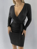 Kadın Uzun Kollu Kruvaze Yaka Bağcık Detay Akrilik Mini Boy Elbise thumbnail 13