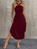 Kadın Boyundan çapraz Askılı Halka Detaylı Asimetrik Kesim Viskon Elbise thumbnail 3