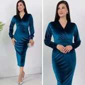 Kadın Kadife Kumaş Manşetli V Yaka Şık Kalem Elbise thumbnail 9