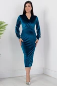 Kadın Kadife Kumaş Manşetli V Yaka Şık Kalem Elbise thumbnail 6