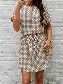 Kadın Kısa Kollu Yuvarlak Yaka Beli Kuşaklı Geometrik Desenli Süprem Elbise thumbnail 1