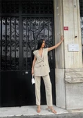 ÇİZGİLİ UZUN YELEK - PANTOLON TAKIM POLVİSCON - Bej thumbnail 1