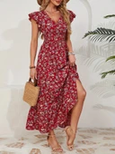 Kadın Kısa Kollu Kruvaze Yaka Beli Lastikli çiçek Desenli Elbise thumbnail 1