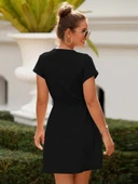 Kadın Kısa Kollu V Yakalı önden Düğmeli Belden Kuşaklı Cepli Sofya Elbise thumbnail 7