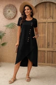 Kadın Kısa Kollu Bisiklet Yaka Düğme Detay Müslim Elbise thumbnail 3