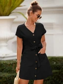 Kadın Kısa Kollu V Yakalı önden Düğmeli Belden Kuşaklı Cepli Sofya Elbise thumbnail 2