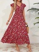 Kadın Kısa Kollu Kruvaze Yaka Beli Lastikli çiçek Desenli Elbise thumbnail 3