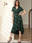 Kadın Kruvaze Yaka Midi Boy Kuşaklı Krep Elbise 120 Cm thumbnail 3