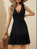 Kadın Askılı Kruvaze Yakalı Fırfırlı Janjan Krep Elbise thumbnail 4