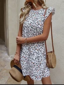 Kadın Kısa Kollu Bisiklet Yaka Etek Ucu Volanlı Kısa Dokuma Elbise thumbnail 3